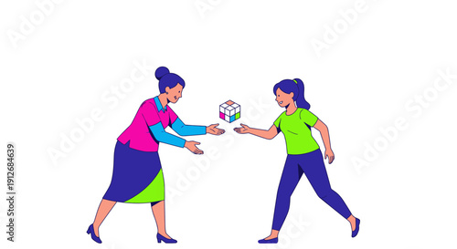 Business Women Collaborating and Sharing a Solution Cube. Mentorship and Knowledge Transfer Concept Illustration on White Background.