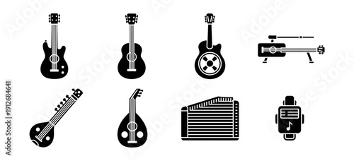 Music instruments and digital device black icons set