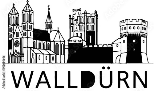 A black and white illustration of a cityscape featuring a church and castle, with text below