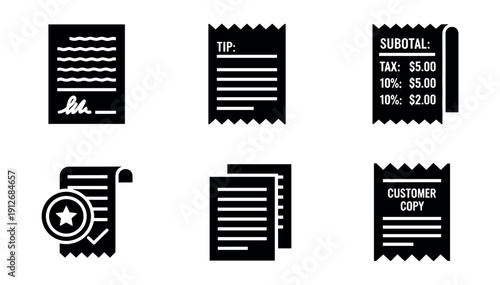 Document and Receipt Monochrome Icons Set