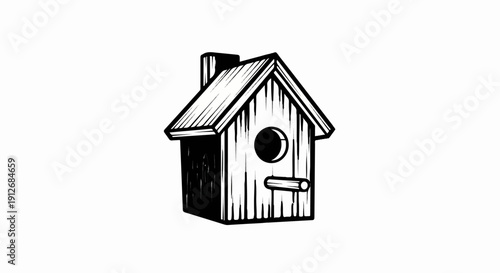 A black and white drawing of a wooden birdhouse on a white background