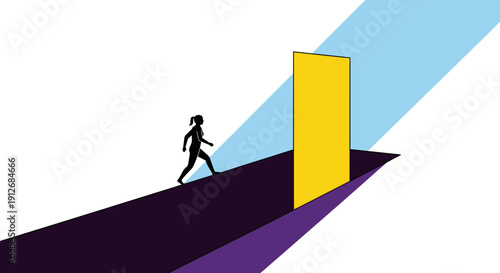 Career Progress: Silhouette Woman Walking Up Towards Goal or Challenge. Ambition, Determination, and Future Opportunity Concept Illustration.