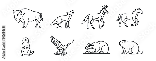 Wildlife minimalistic line drawings set