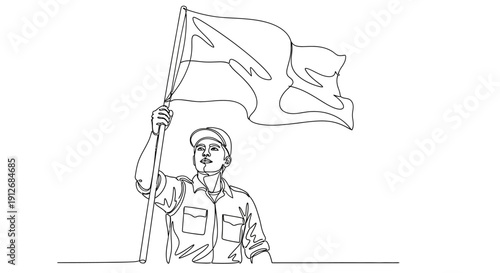 Man holding a waving flag, minimalist line art illustration