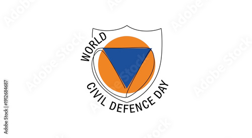 World Civil Defence Day emblem, shield with blue triangle and orange circle, text