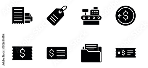 Commerce and finance monochrome icons set