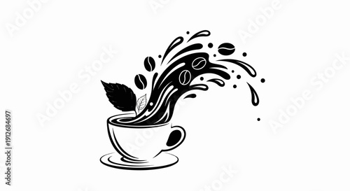 A black and white illustration of a coffee cup with splashing liquid and beans