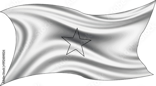 A black and white illustration of a stylized flag with a star emblem