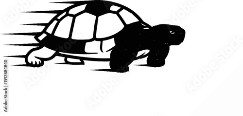 A black and white graphic illustration of a stylized tortoise moving quickly