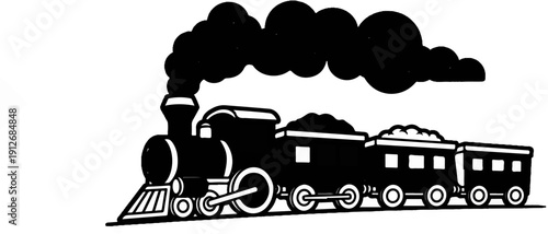 A black and white graphic illustration of a steam locomotive with three carriages emitting smoke