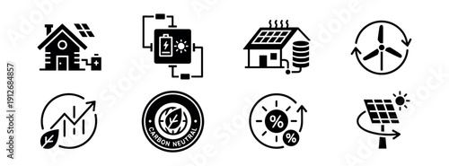 Renewable energy and sustainability black and white icons set