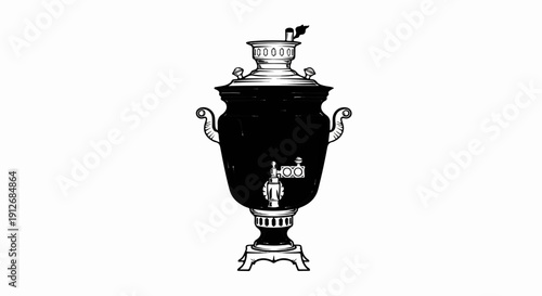 A black and white illustration of a decorative water vessel with handles and a spigot