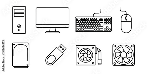 Computer components and peripherals minimalist line icons set