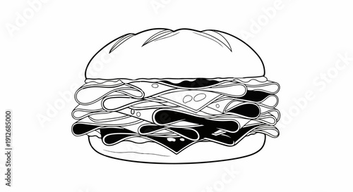 A black and white line drawing of a stacked sandwich with multiple layers of fillings