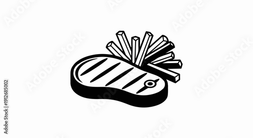 A black and white graphic of a grilled steak with french fries