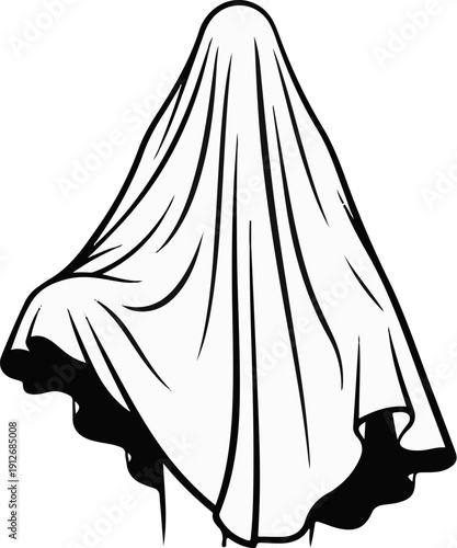 A black and white illustration of a draped form, possibly a ghost