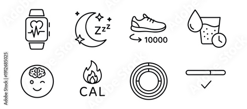 Health and fitness tracking line icons set