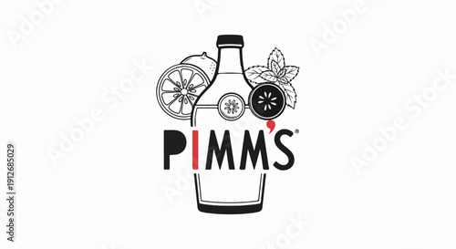 A black and white illustration of a drink bottle with citrus slices and mint