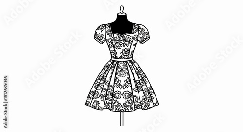 A black and white illustration of a vintage dress on a mannequin