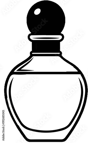 A black and white graphic of a perfume bottle with a round cap