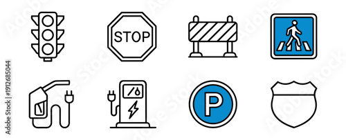 Road and Transportation Line Icons Set