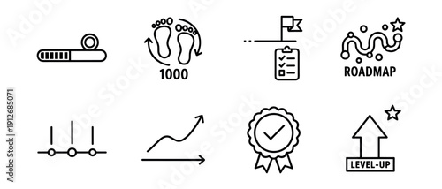 Progress and achievement line icons set