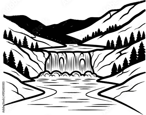 A black and white illustration of a waterfall cascading through mountains and trees