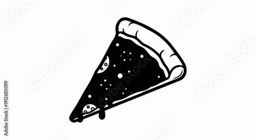 A black and white illustration of a dripping slice of pizza