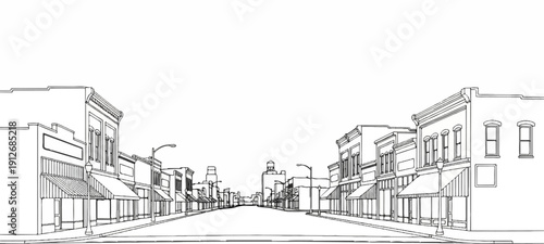 A black and white sketch of an empty street lined with old-fashioned buildings
