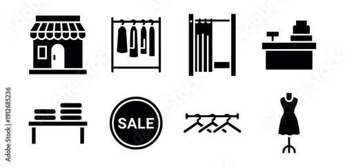 Clothing store black and white icons set