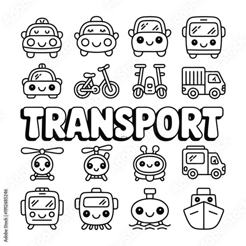 Whimsical Transport Collection: A delightful array of charming transport illustrations, showcasing various modes of transportation in a playful and engaging style.