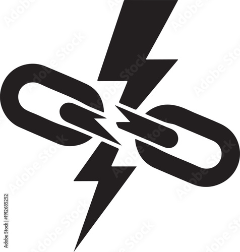 A black and white icon representing a broken chain link being struck by a powerful lightning bolt. isolated on white background, illustration