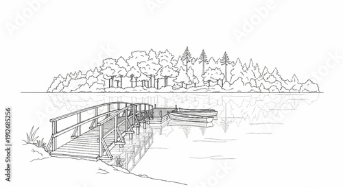 A black and white sketch of a wooden bridge and boats docked on a calm lake