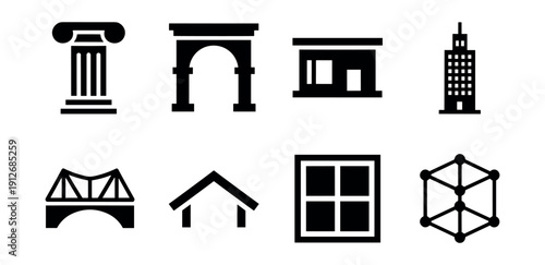 Architectural and structural silhouette icons set