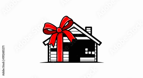 A black and white house silhouette adorned with a large red gift bow