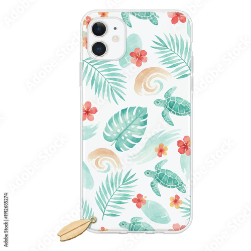 Summer Phone Case Watercolor Illustration with Tropical Pattern Isolated on White Background
