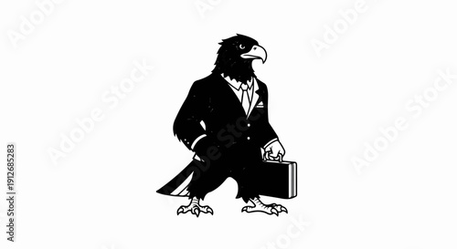 A black and white illustration of an anthropomorphic bird in a suit carrying a briefcase