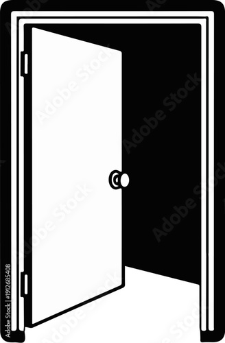 A black and white illustration of an open door with a doorknob and hinges
