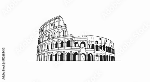 A black and white line drawing of the ancient amphitheater, the Colosseum, in Rome
