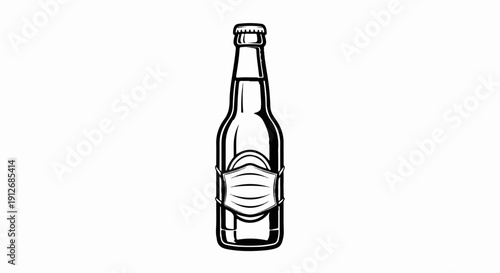 A black and white illustration of a glass bottle with a face mask