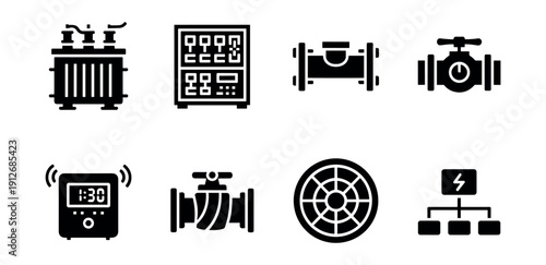 Industrial Equipment and Utilities Black and White Icons Set
