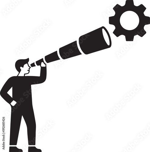 Businessman looking through a telescope at a gear representing vision and strategic planning isolated on white background, illustration