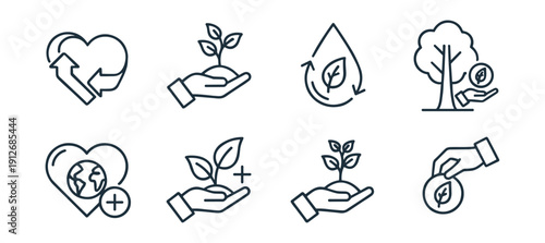 Environmental conservation and sustainability line icons set