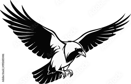 A black and white stylized illustration of a crow in mid-flight with wings spread