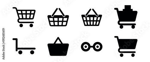 Shopping and commerce monochrome icons set