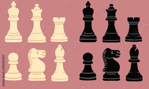 Black and White all hand drawn chess pieces all in one