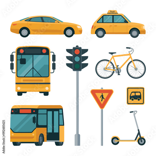 Vehicles and Road Signs: A collection of various vehicles and traffic signs. The elements are meticulously organized to portray a clear understanding of road safety and urban transportation. 