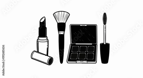A black and white illustration of makeup products including lipstick, a brush, and mascara