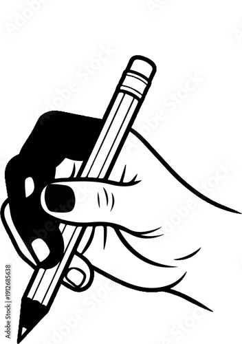 A black and white illustration of a hand holding a pencil, poised to write