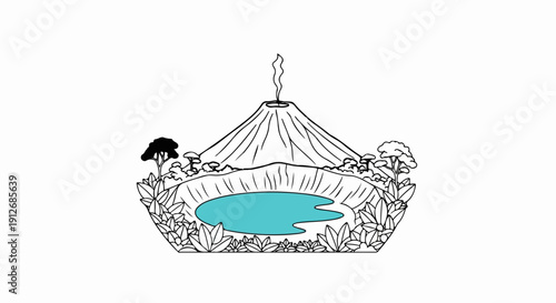 A cartoon volcano erupts steam over a turquoise crater lake surrounded by lush foliage and trees